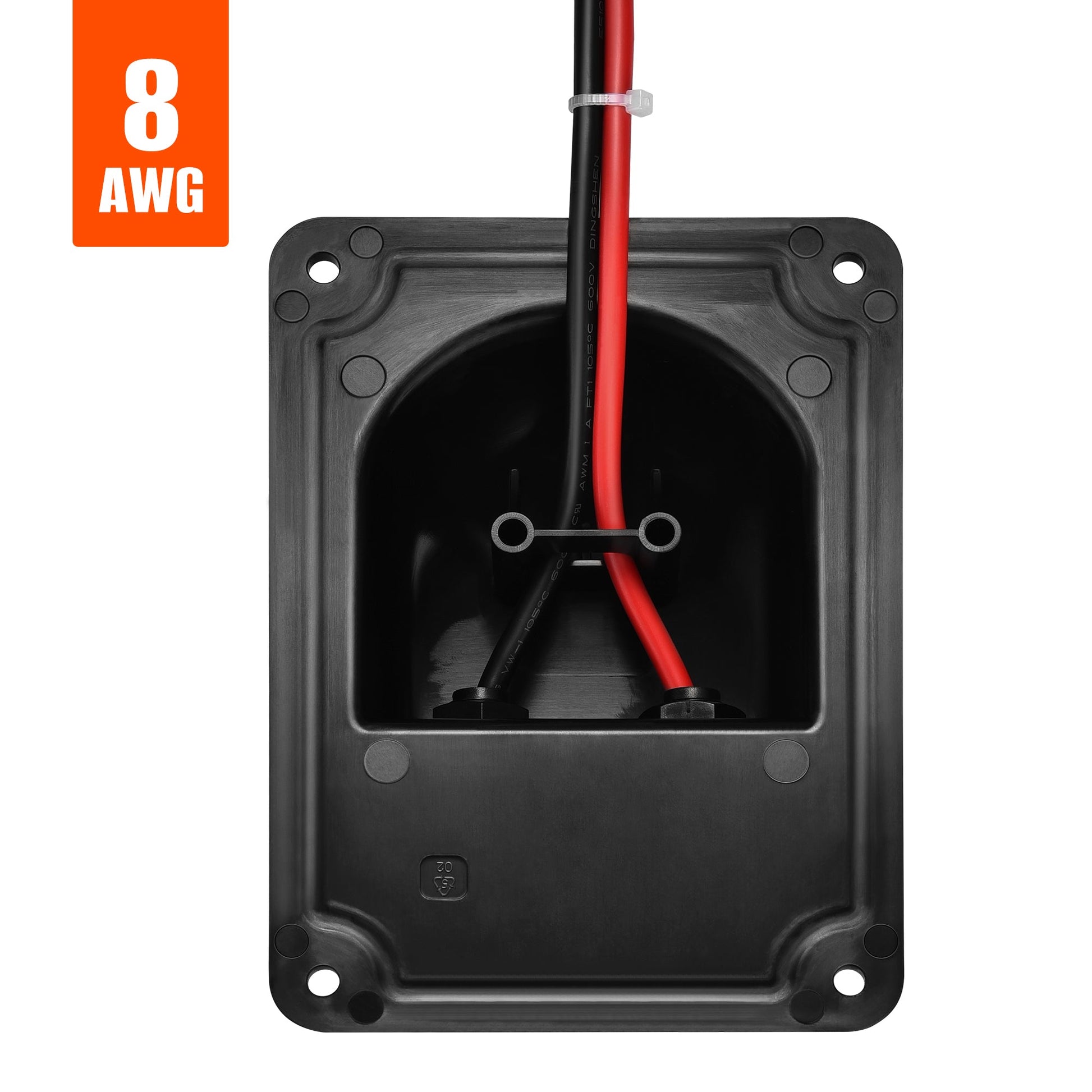 Underside of the RICH SOLAR cable entry plate showing 8AWG wire routing and mounting holes