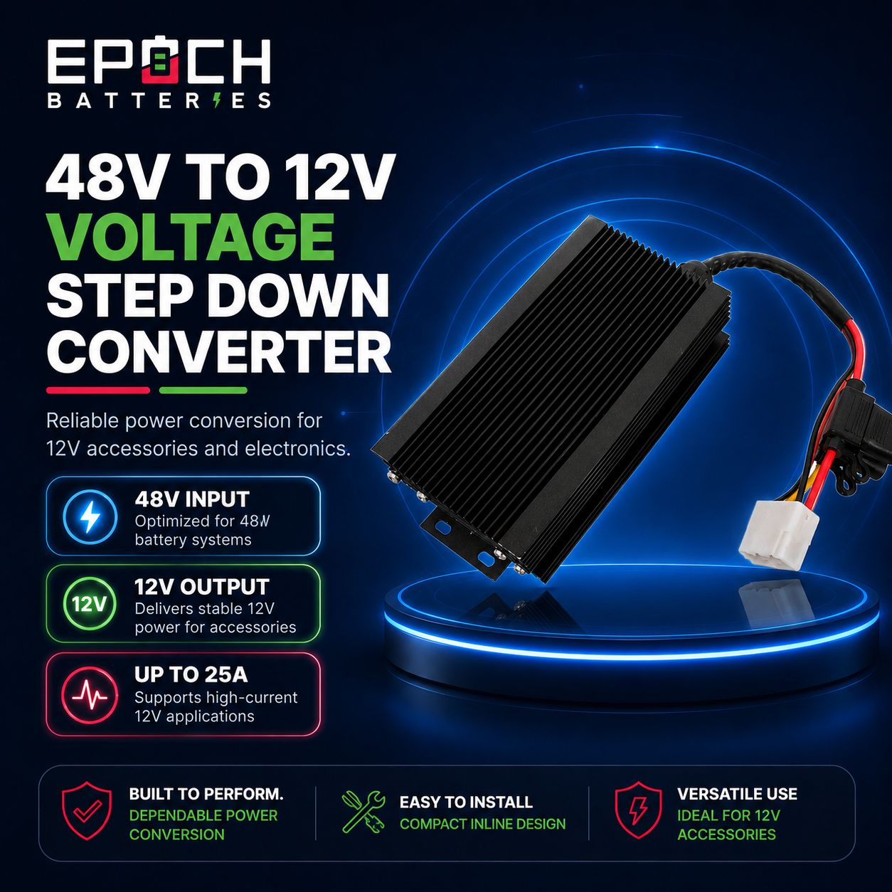 48V-to-12V step-down converter included with Epoch golf cart kit