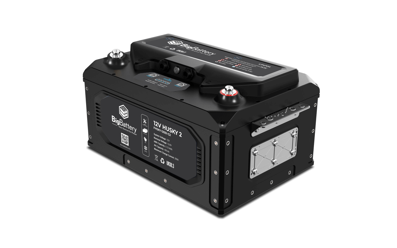 BigBattery HUSKY 2 12.8V 400Ah 5.12kWh Heated LiFePO4 Battery — 1 Battery with Inverter Communications — side product view