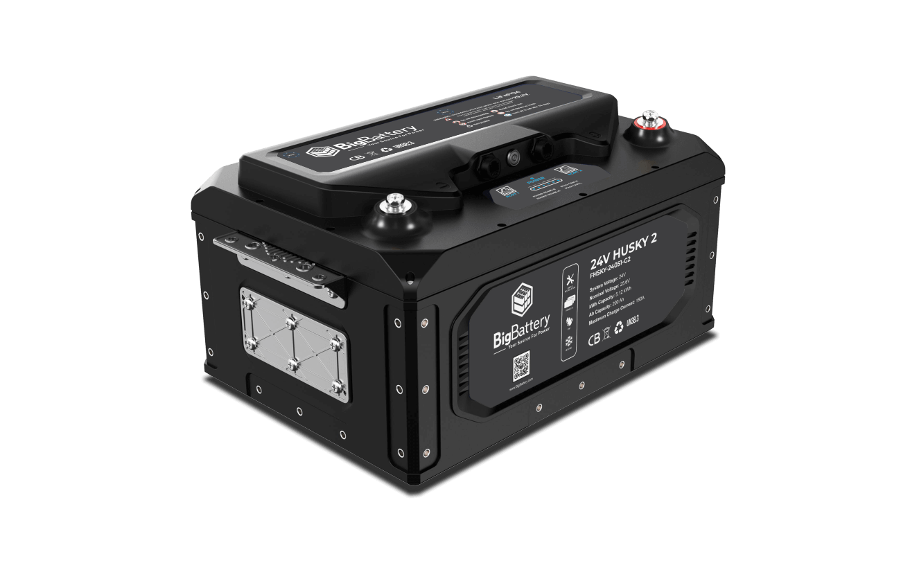 BigBattery HUSKY 2 25.6V 200Ah 5.12kWh Heated LiFePO4 Battery — 1 Battery with Inverter Communications — side product view