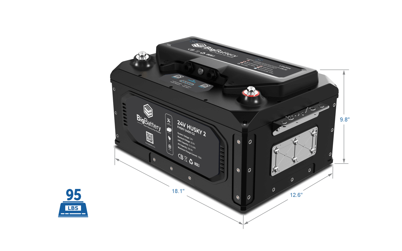 BigBattery HUSKY 2 25.6V 200Ah 5.12kWh Heated LiFePO4 Battery — 1 Battery with Inverter Communications — side product view