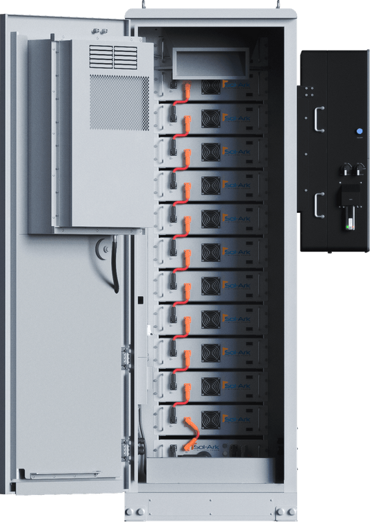 Sol-Ark L3 HVR-60 outdoor cabinet with twelve battery modules and separate included BCU shown