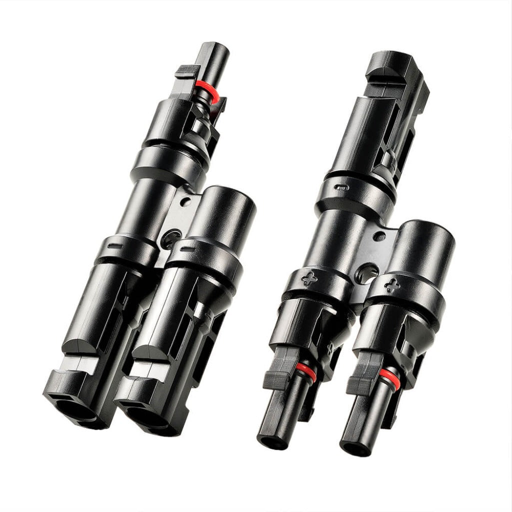 Close-up of the RICH SOLAR positive and negative Y-branch solar parallel connectors