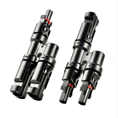 Close-up of the RICH SOLAR positive and negative Y-branch solar parallel connectors