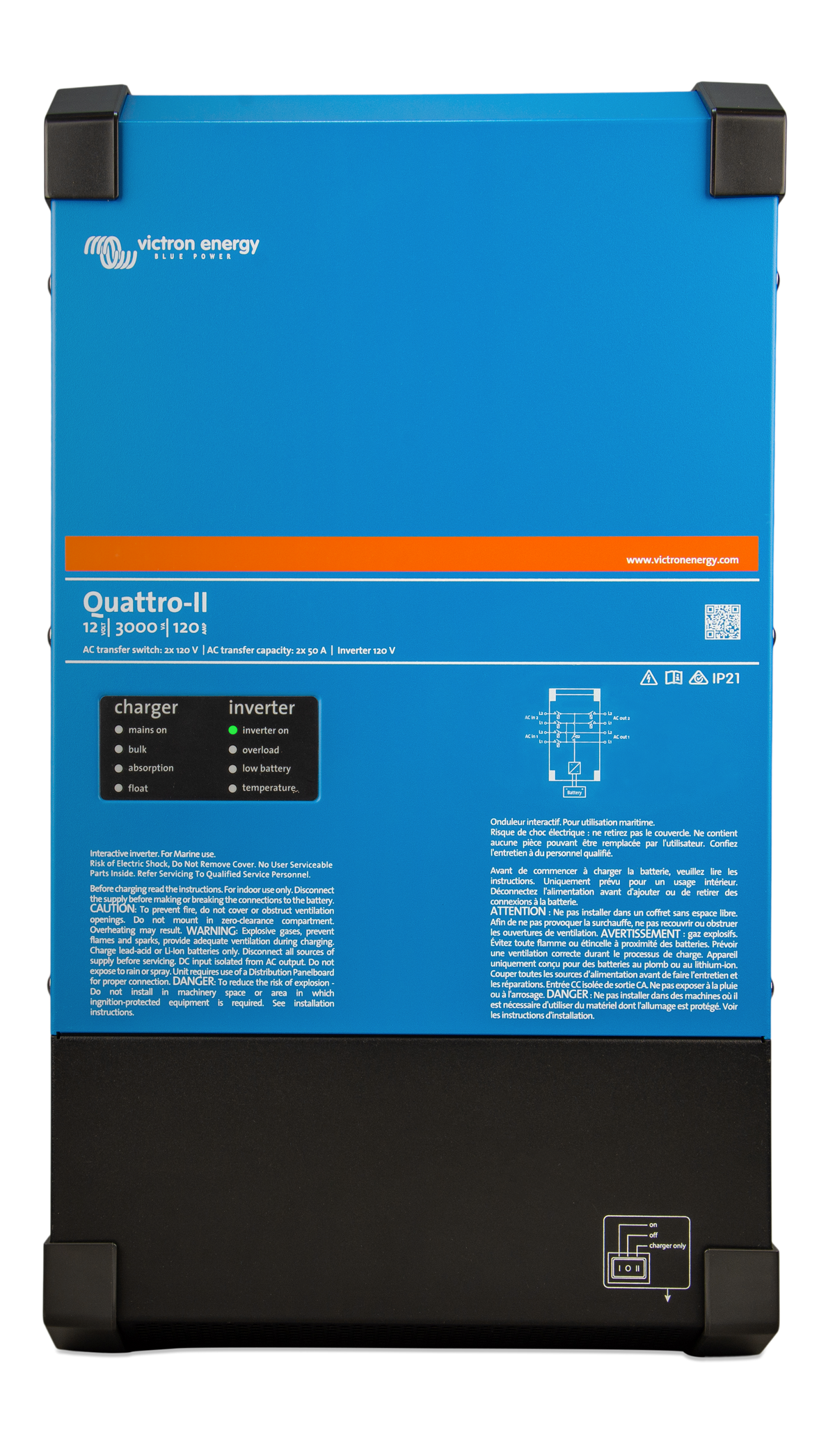 Victron Quattro-II 12/3000/120-50/50 2x120V Inverter/Charger — QUA122305130