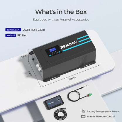Renogy 12V 2000W inverter charger dimensions and included accessories