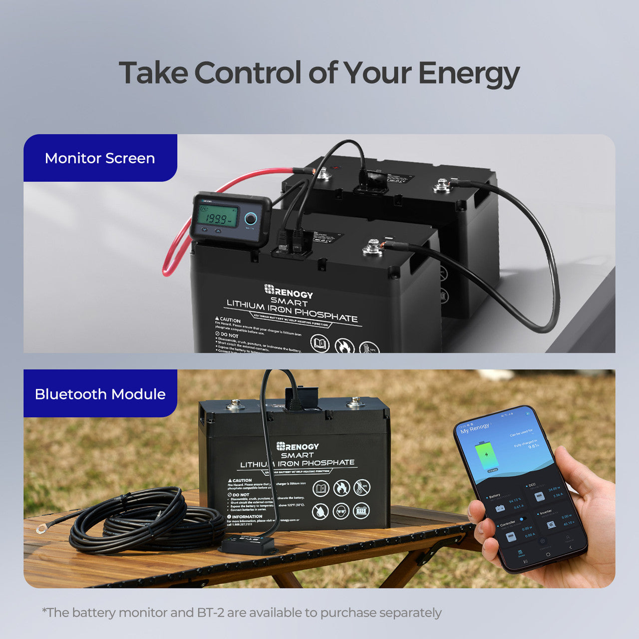 Renogy battery monitor screen and Bluetooth module monitoring options