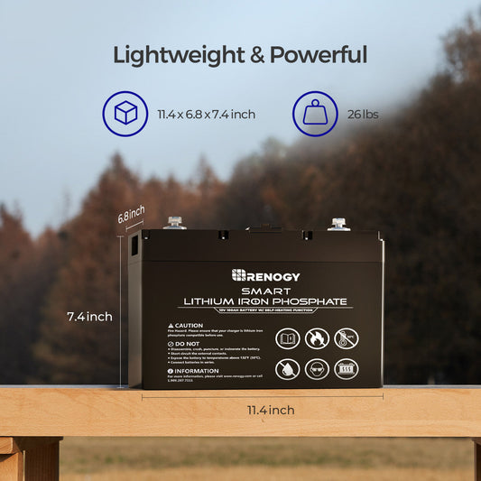 Renogy 12V 100Ah self-heating lithium battery dimensions and weight