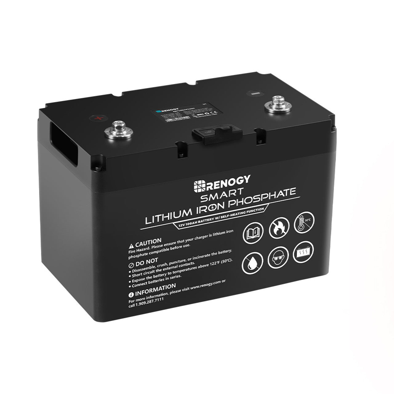 Renogy 12V 100Ah self-heating lithium battery, angled product view