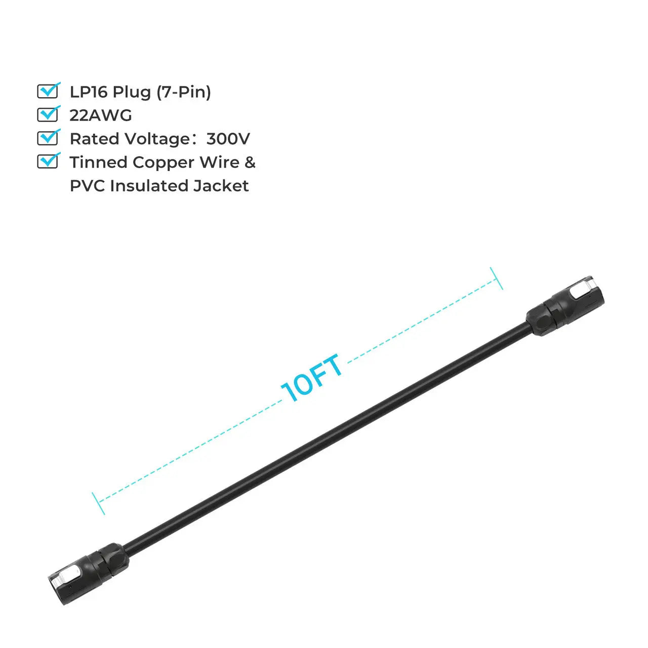 Renogy LP16 7-pin cable graphic showing length, wire gauge, and construction