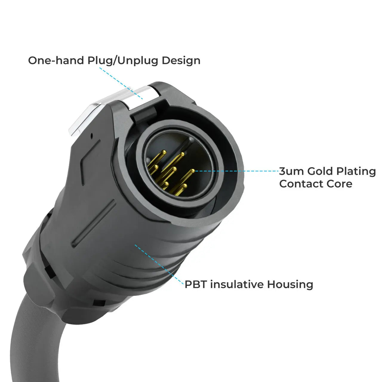 Close-up of the Renogy LP16 7-pin connector, locking latch, and contact pins