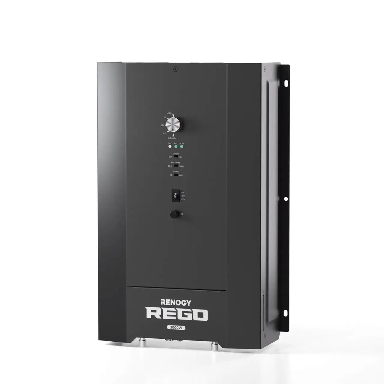 Renogy REGO 12V 3000W inverter charger shown from an angled front view