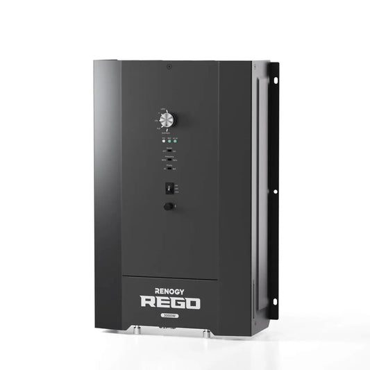 Renogy REGO 12V 3000W inverter charger shown from an angled front view