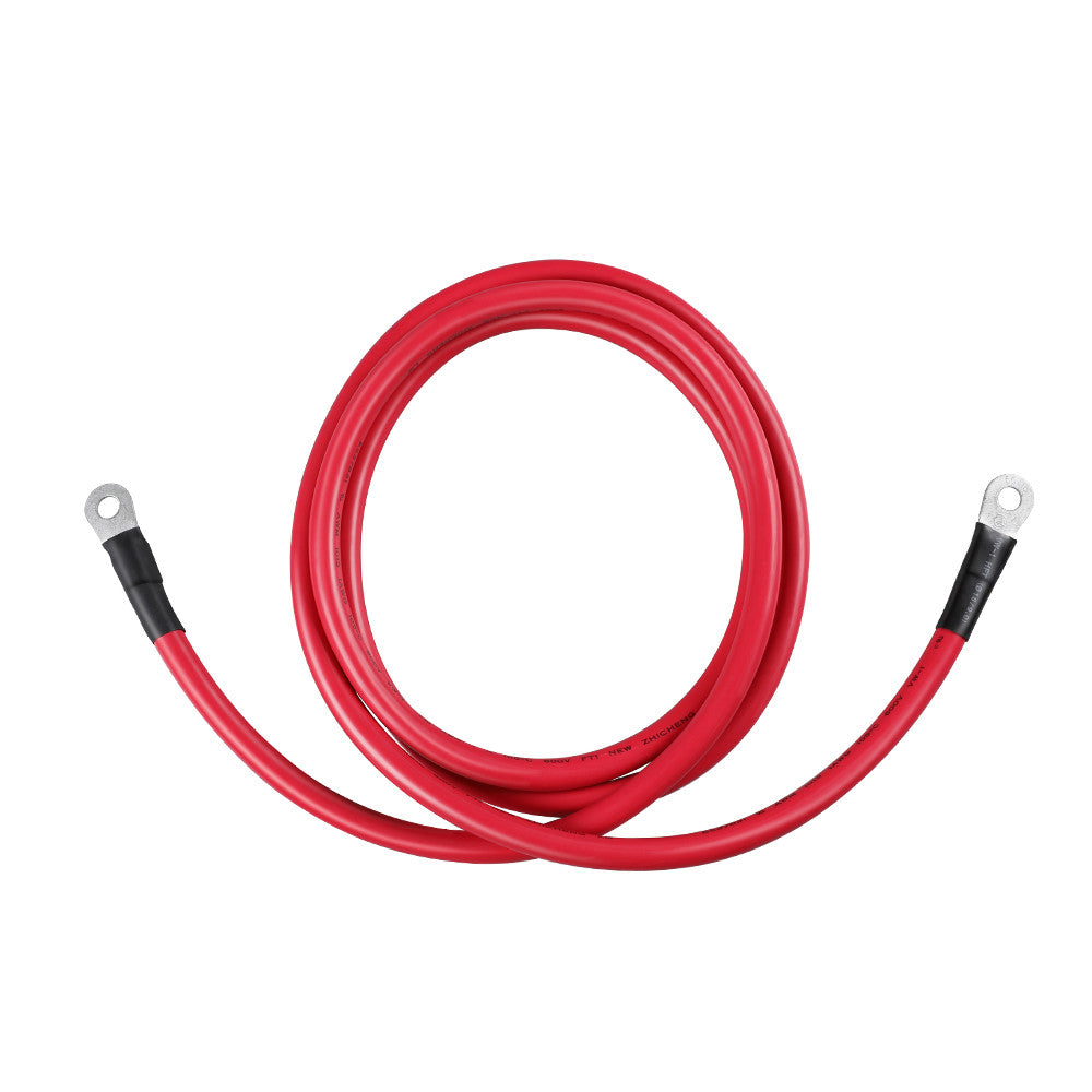 Red Renogy 5-foot 2/0AWG battery cable with ring lugs, coiled