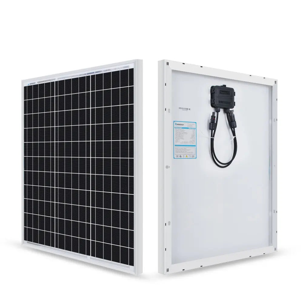 Renogy compact 50W solar panel shown from front and rear at an angle