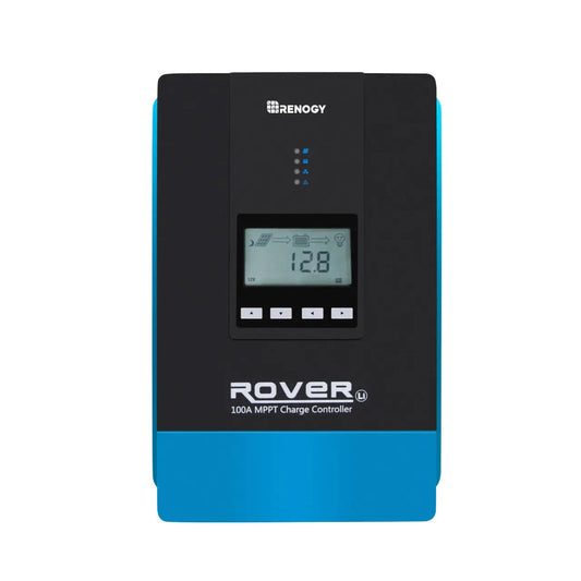 Renogy Rover 100A MPPT solar charge controller front view with LCD display