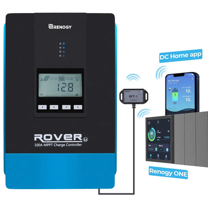 Renogy Rover 100A controller linked to BT-1, DC Home app, and Renogy ONE monitor