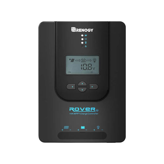 Renogy Rover 40A MPPT solar charge controller front view with LCD voltage display