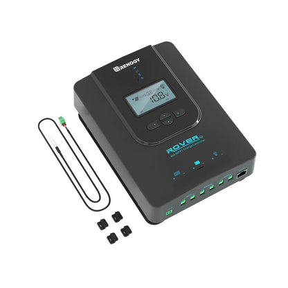 Angled Renogy Rover 40A controller with temperature sensor and terminal covers