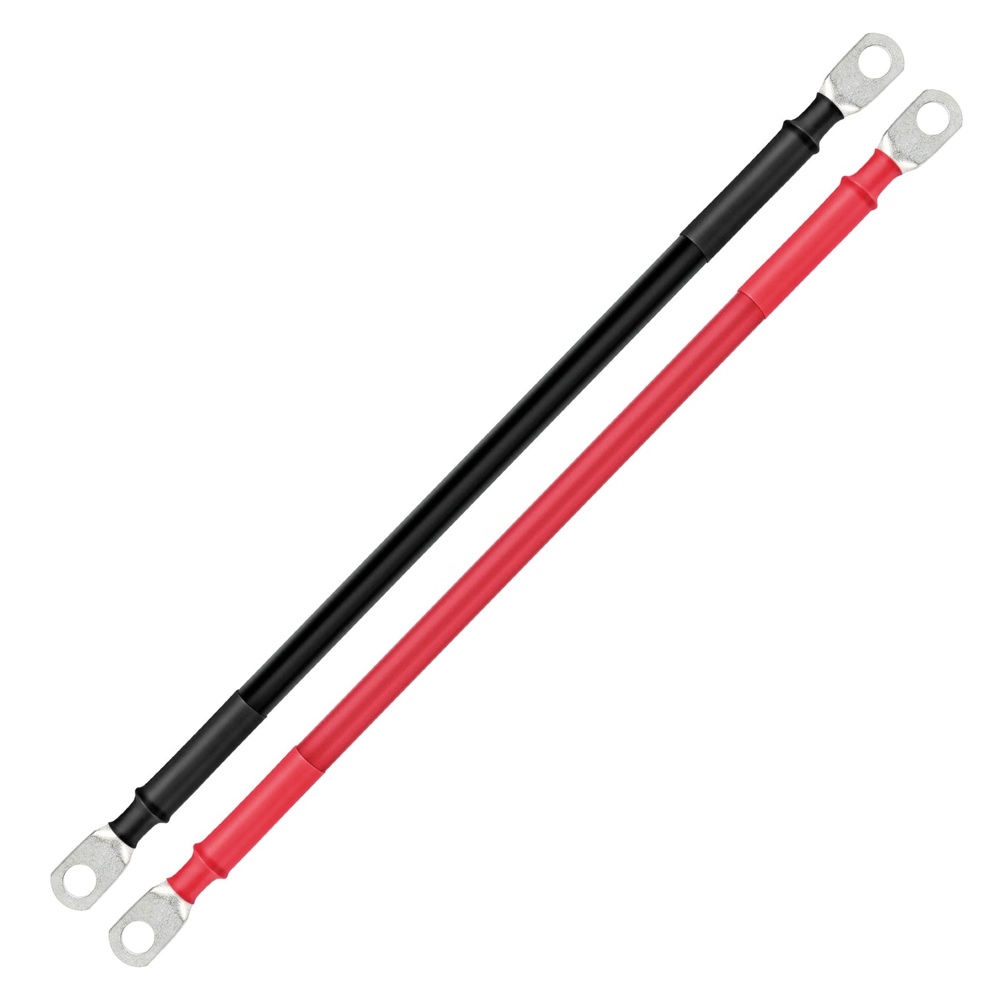 Full-length view of RICH SOLAR 2AWG red and black battery cables with ring lugs at both ends