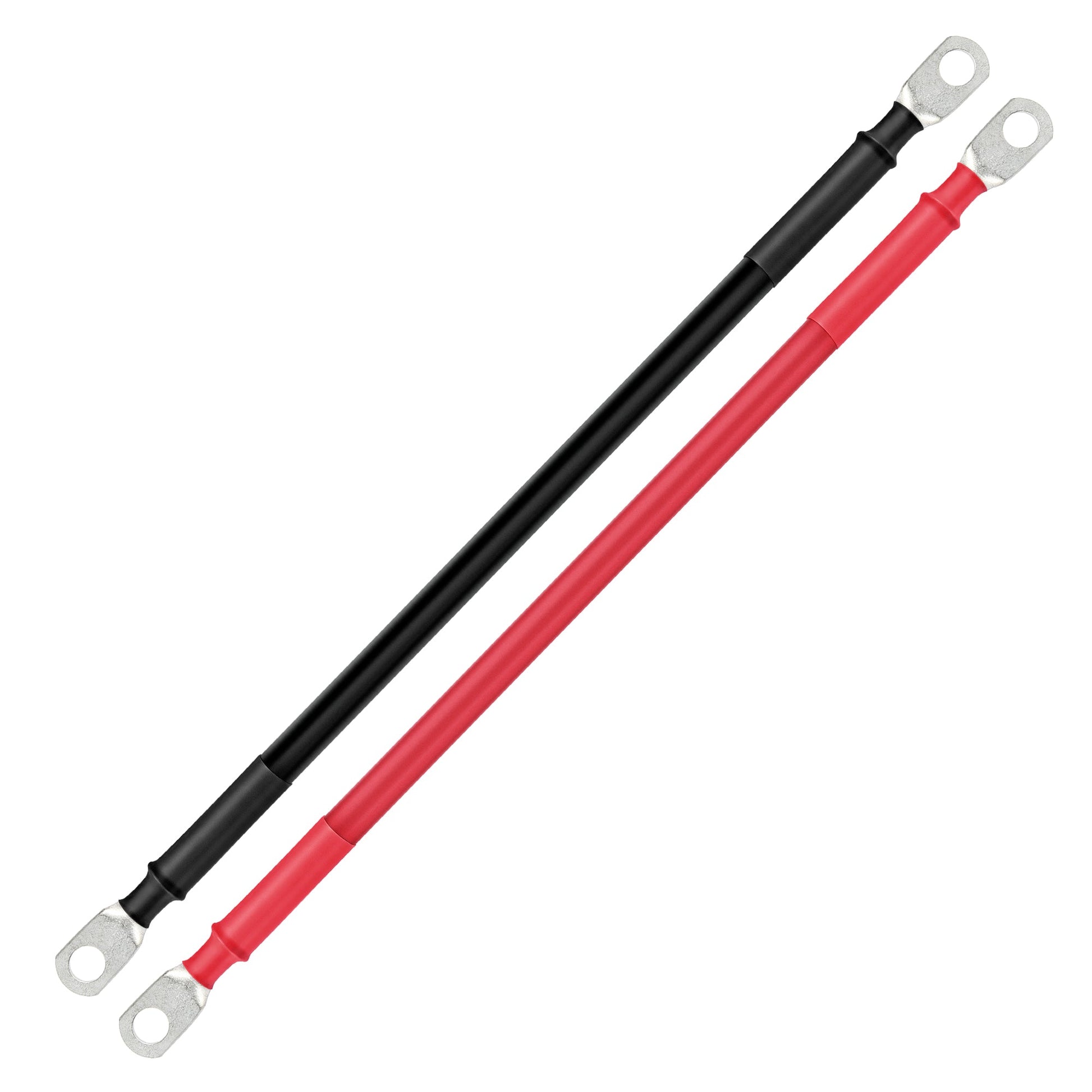 Full-length view of RICH SOLAR 2AWG red and black battery cables with ring lugs at both ends
