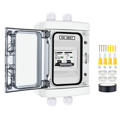 RICH SOLAR 120A two-pole outdoor circuit breaker box with door open and mounting hardware