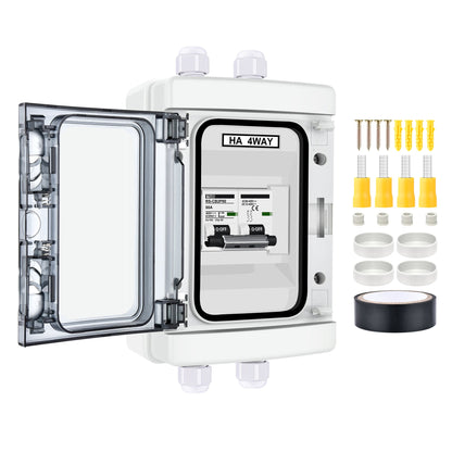 RICH SOLAR 80A two-pole outdoor circuit breaker box with door open and mounting hardware