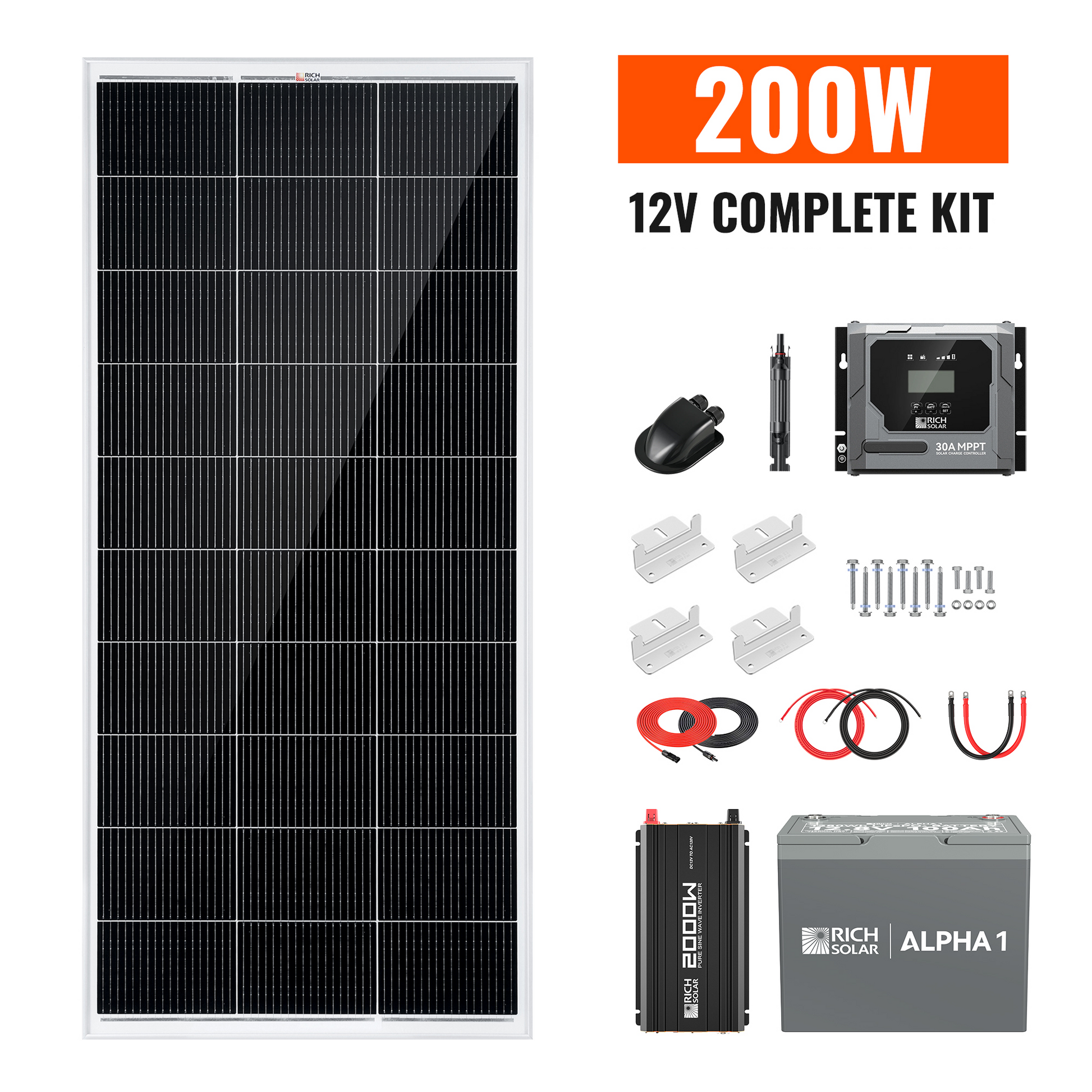 RICH SOLAR 200W 12V complete kit with panel, controller, inverter, battery, cables and mounts