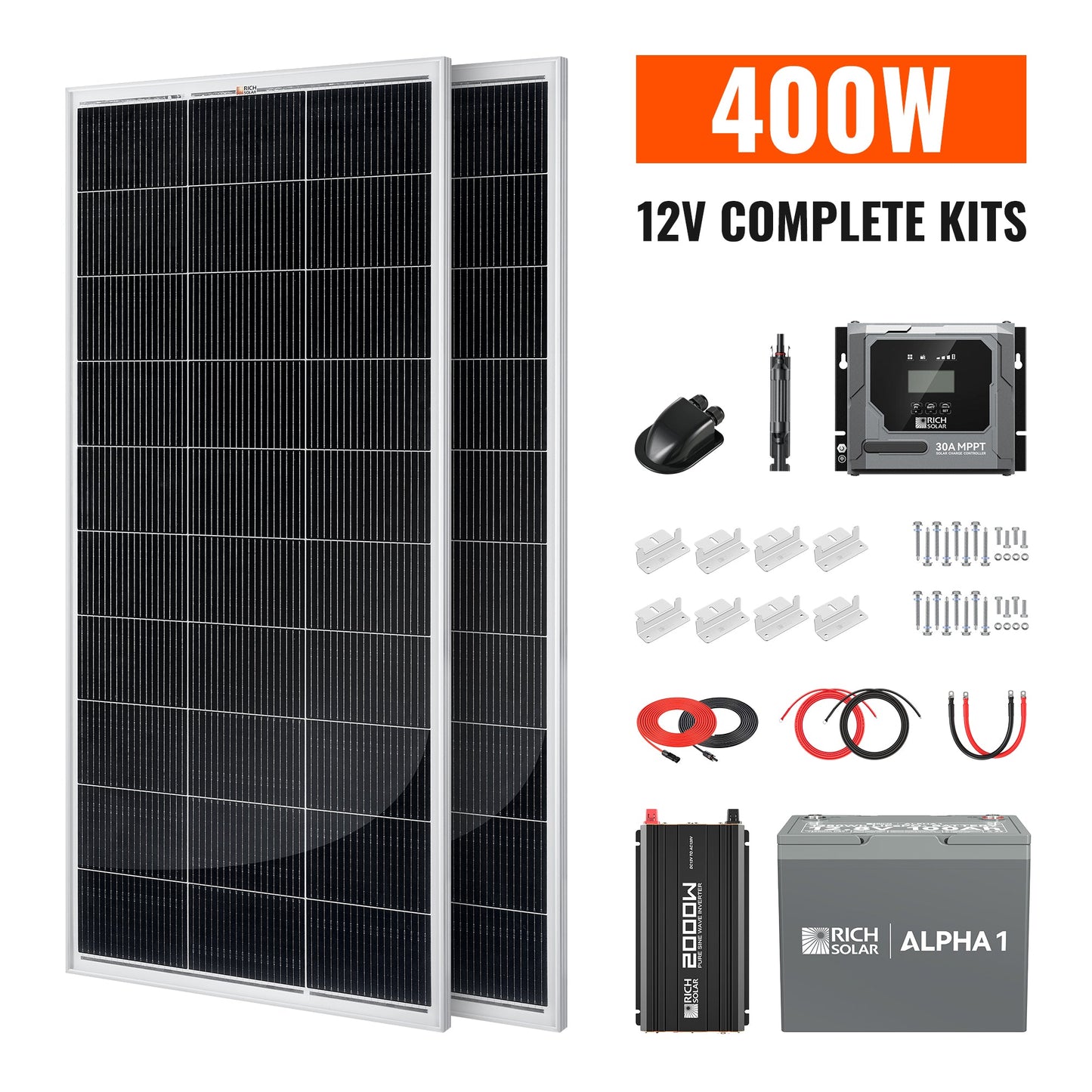 RICH SOLAR 400W 12V complete kit with two panels, controller, inverter, battery, cables and mounts