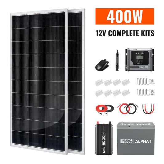 RICH SOLAR 400W 12V complete kit with two panels, controller, inverter, battery, cables and mounts