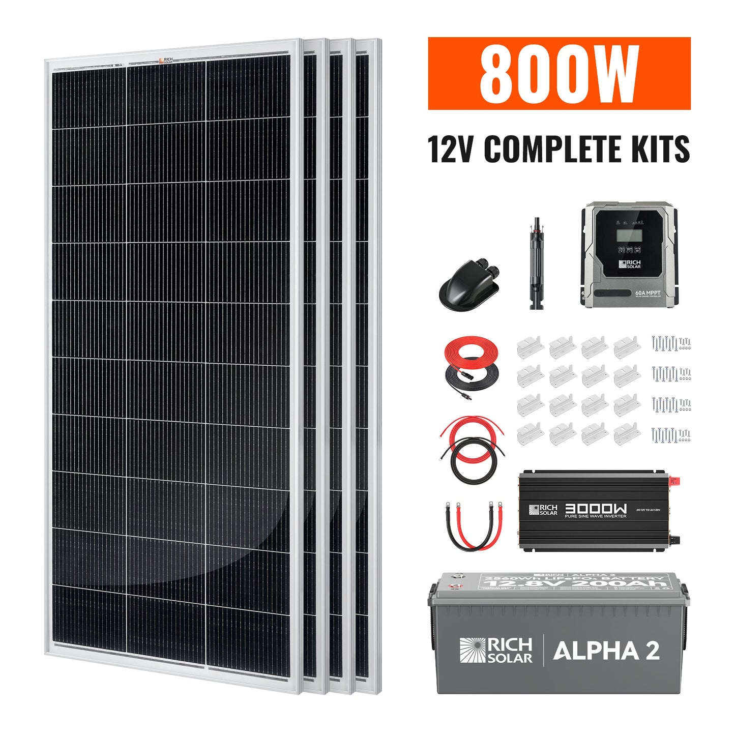 RICH SOLAR 800W 12V complete kit with four panels, controller, inverter, battery, cables and mounts