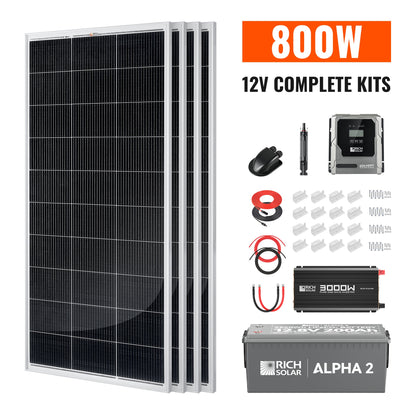 RICH SOLAR 800W 12V complete kit with four panels, controller, inverter, battery, cables and mounts