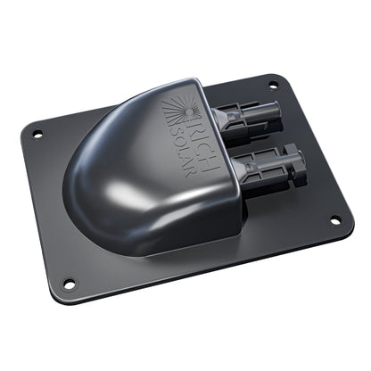 Angled view of the RICH SOLAR IP68 cable entry plate housing and solar connectors