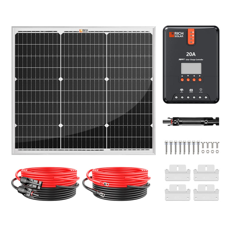 RICH SOLAR 50W Solar Kit Includes 50W Solar Panel + 20A MPPT Solar Controller + Wires and Brackets