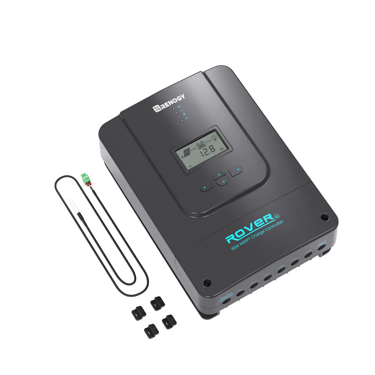 Angled Renogy Rover 60A controller with temperature sensor and terminal covers