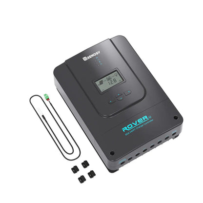 Angled Renogy Rover 60A controller with temperature sensor and terminal covers