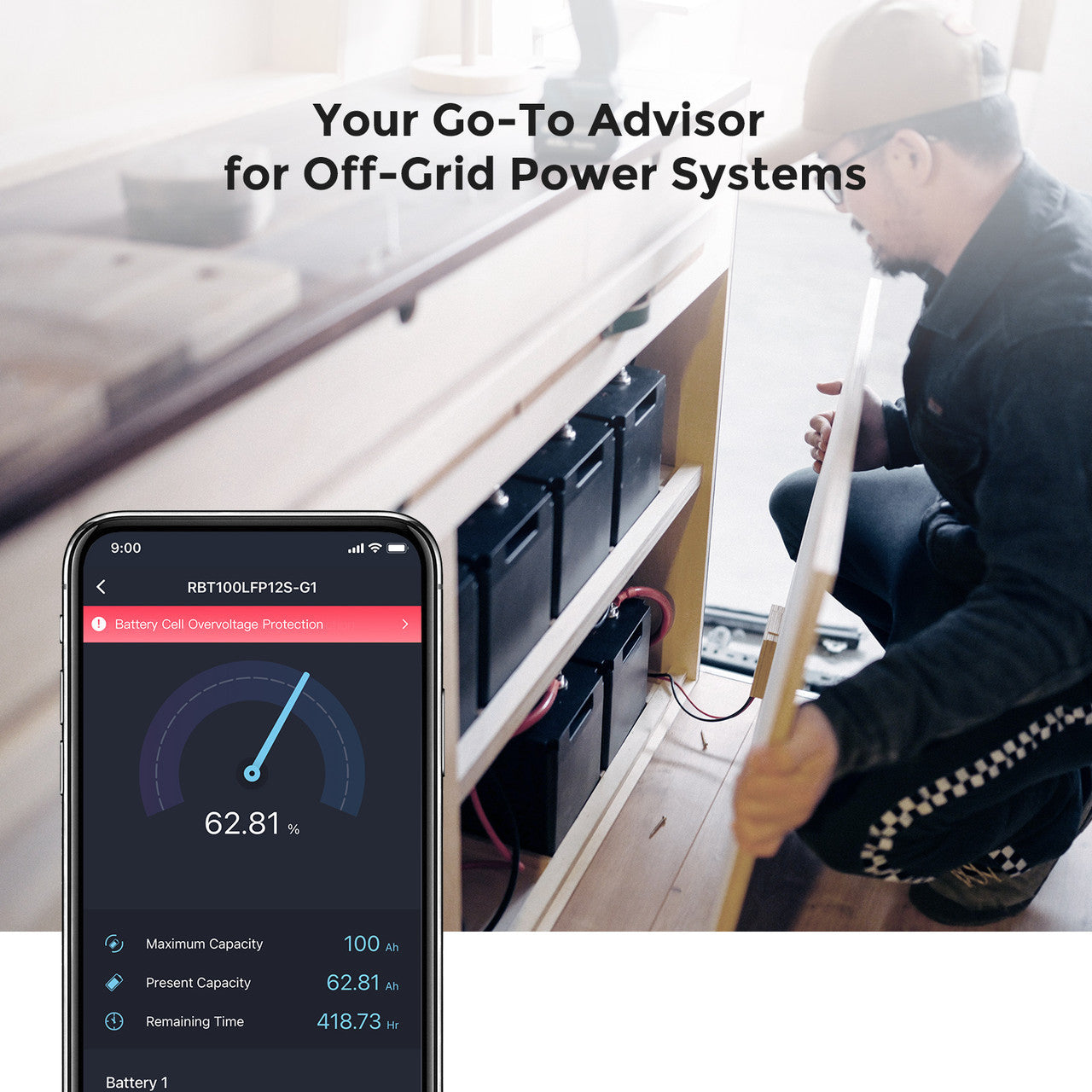 Renogy ONE app displaying a battery alert while a user checks an RV battery bank