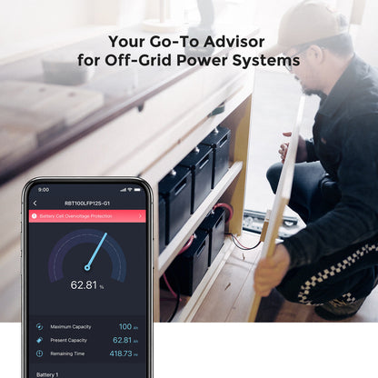 Renogy ONE app displaying a battery alert while a user checks an RV battery bank