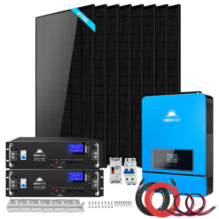 SunGoldPower 8kW Off-Grid Solar Kit — 3.32kW Panels + 10.24kWh Batteries, 120/240V (SGR-8K10E)