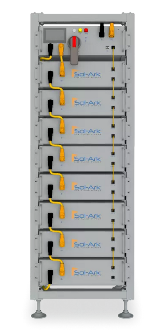 Sol-Ark L3 HV-40 indoor rack with eight battery modules and battery control unit