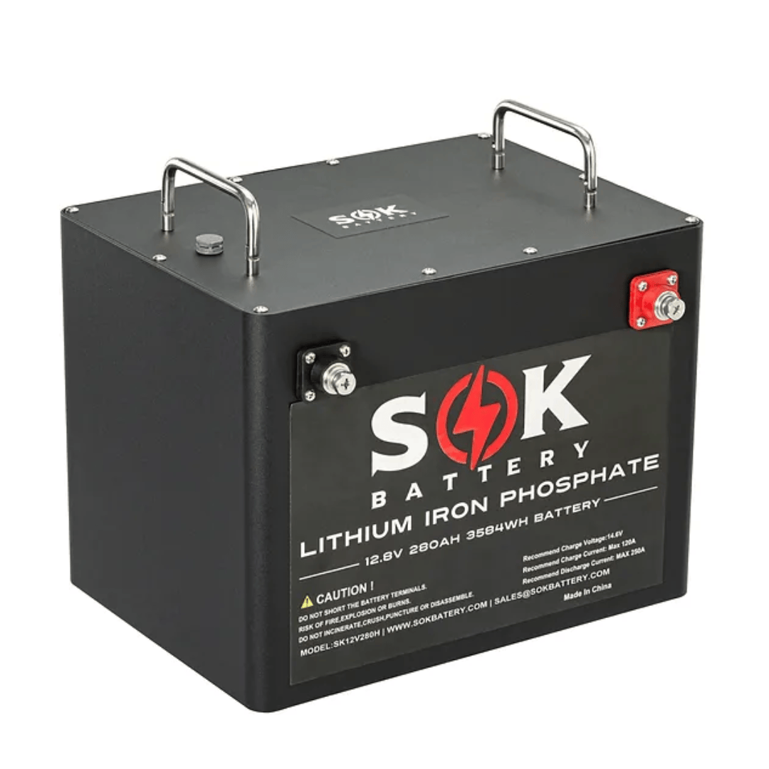 Angled view of the SOK SK12V280H 12V 280Ah heated Bluetooth LiFePO4 battery