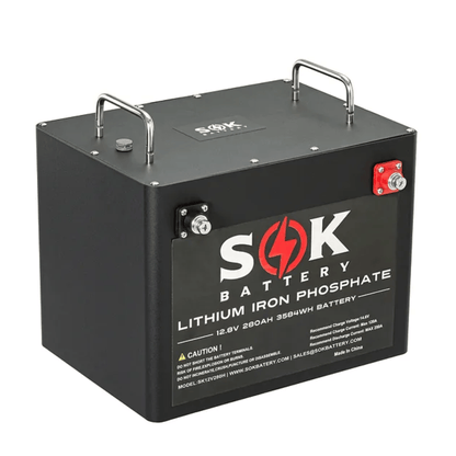 Angled view of the SOK SK12V280H 12V 280Ah heated Bluetooth LiFePO4 battery