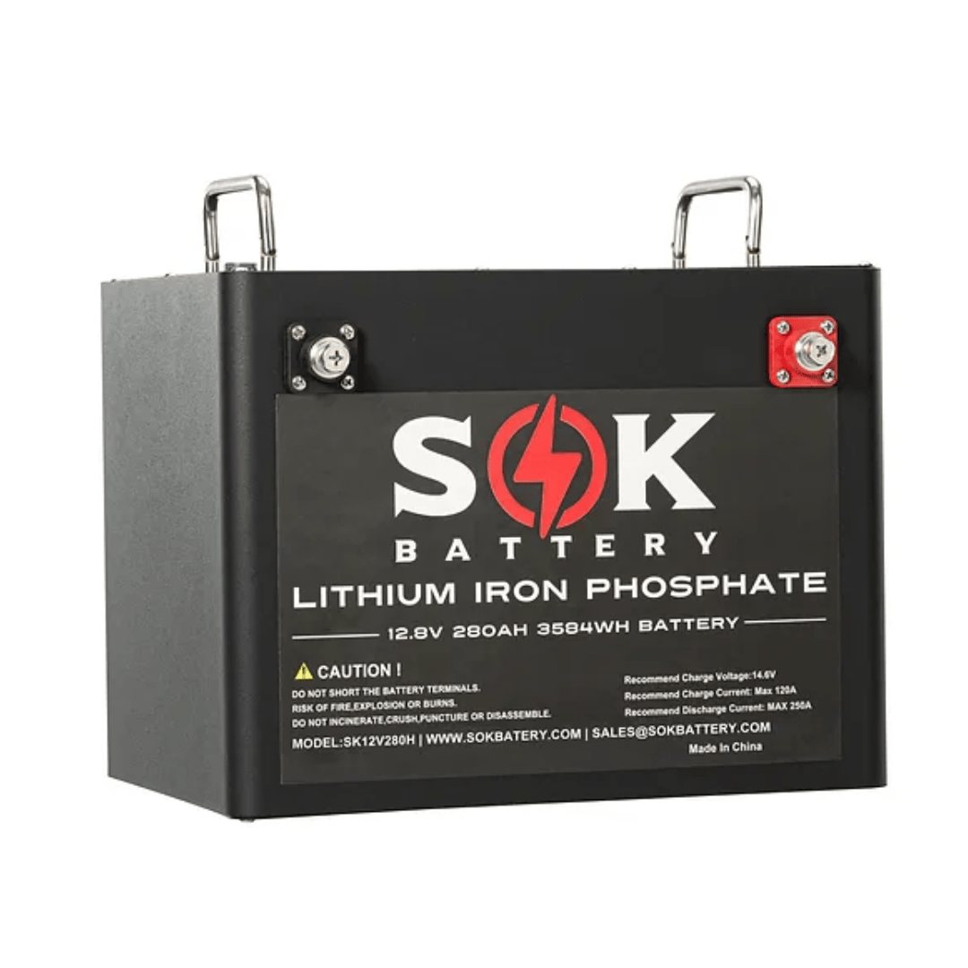 Front view of the SOK SK12V280H 12V 280Ah heated Bluetooth LiFePO4 battery