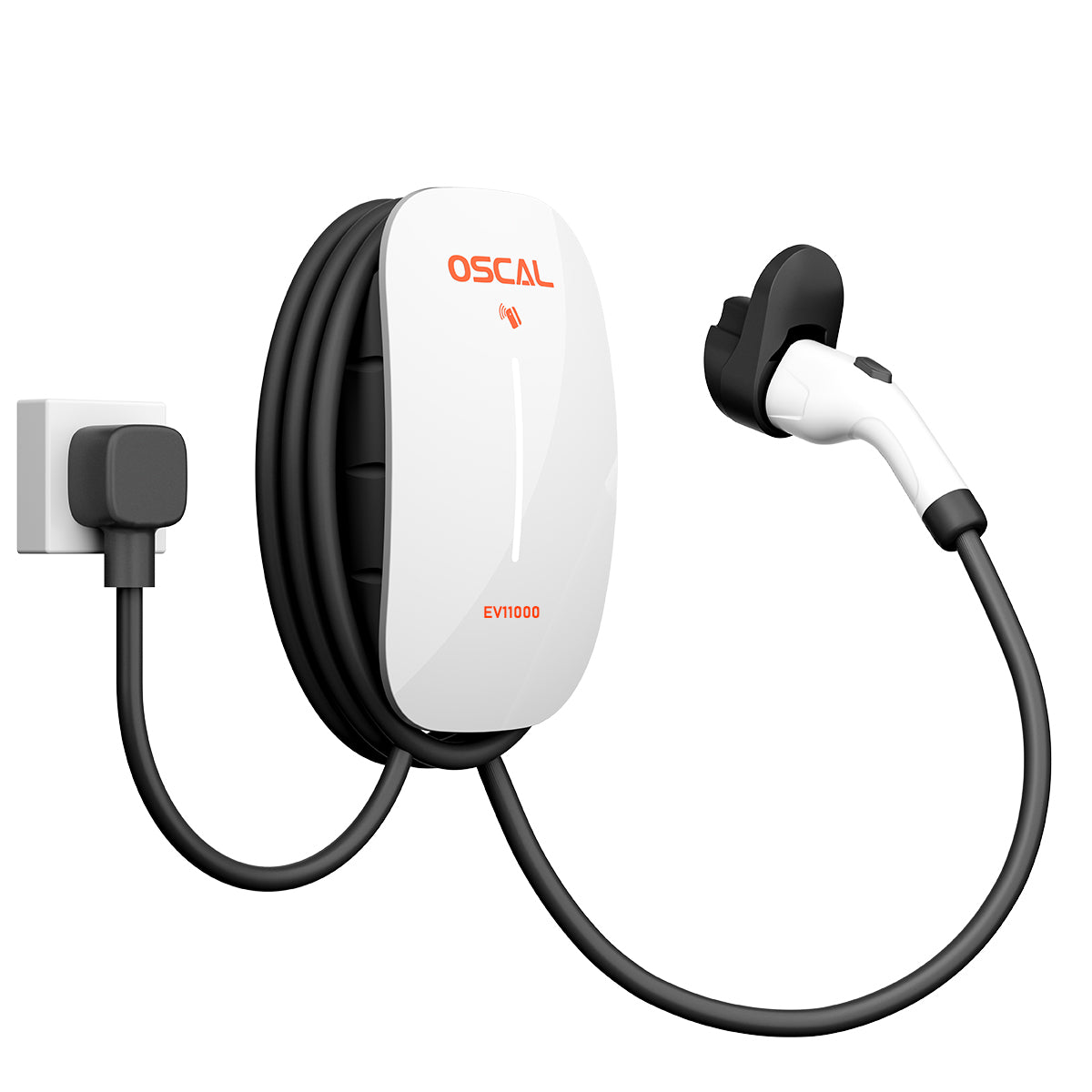 OSCAL EV11000 white 11kW Level 2 wall charger shown from a three-quarter angle