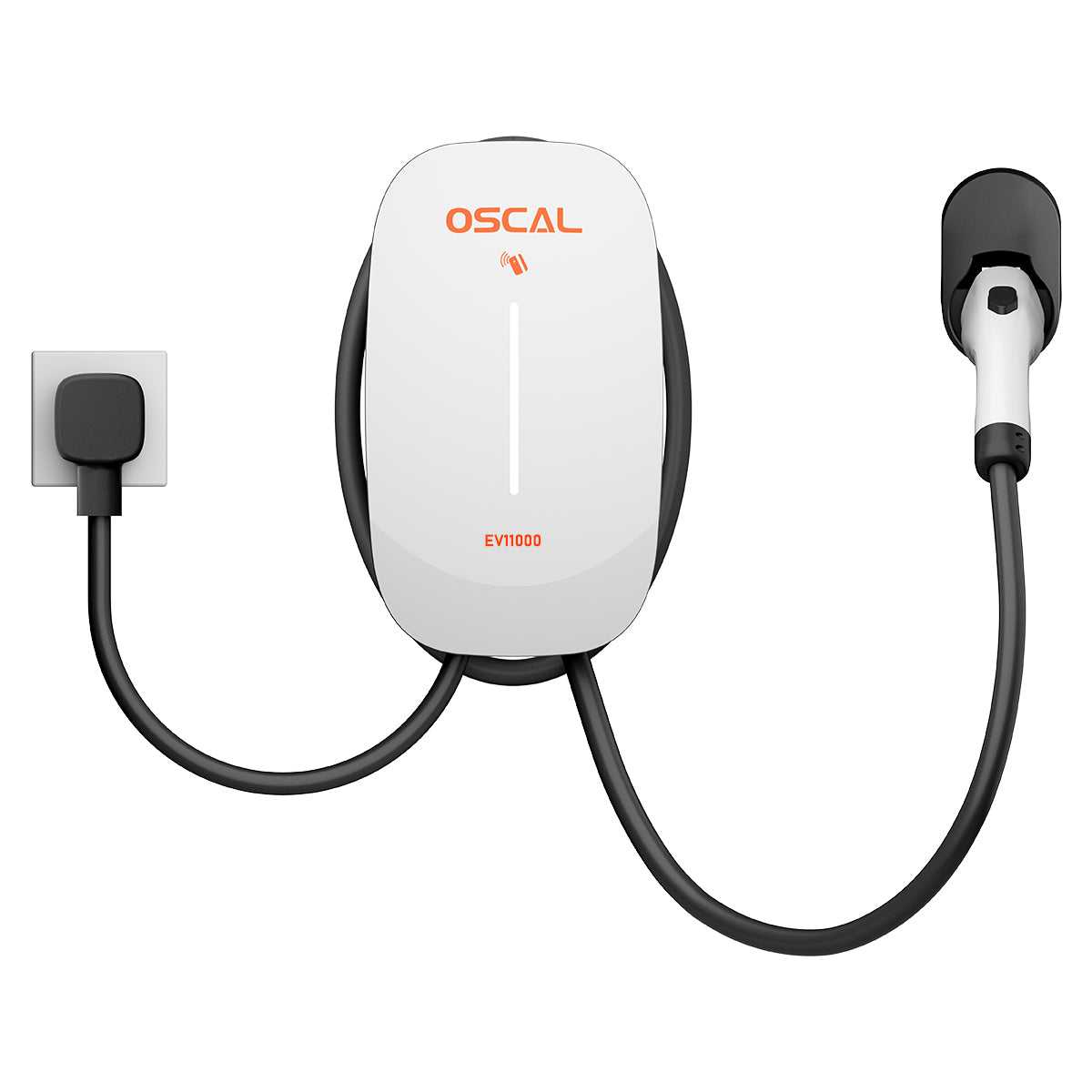OSCAL EV11000 white EV charger front view with cable and charging handle