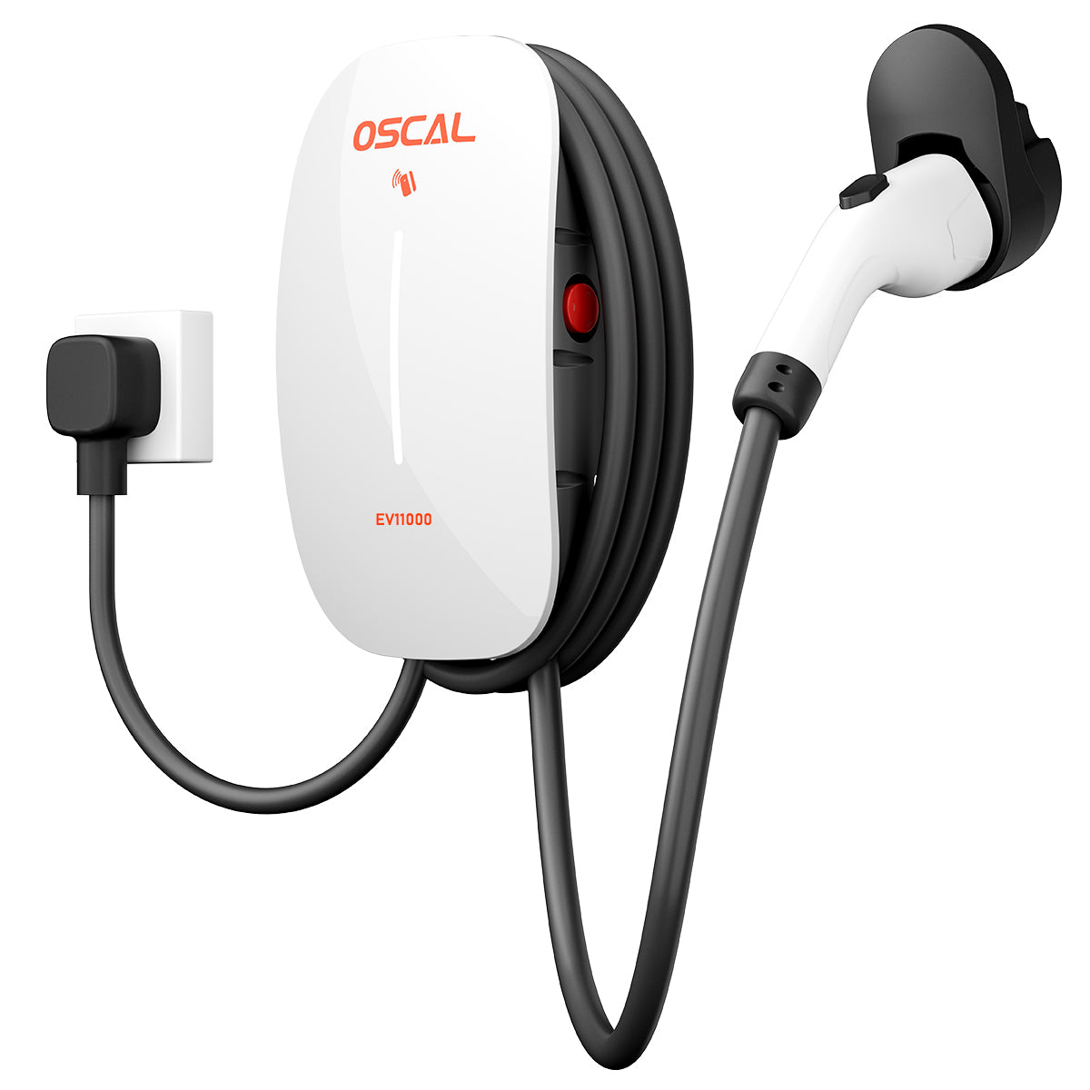 OSCAL EV11000 white SAE J1772 Level 2 charger with wall unit, cable, and handle holder