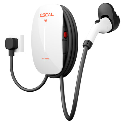 OSCAL EV11000 white SAE J1772 Level 2 charger with wall unit, cable, and handle holder