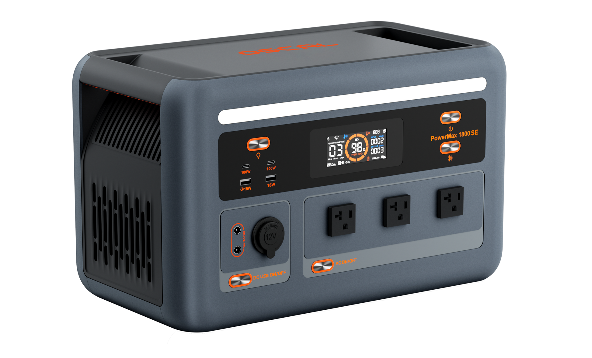 OSCAL PowerMax 1800 SE portable power station front-left view with U.S. outlets