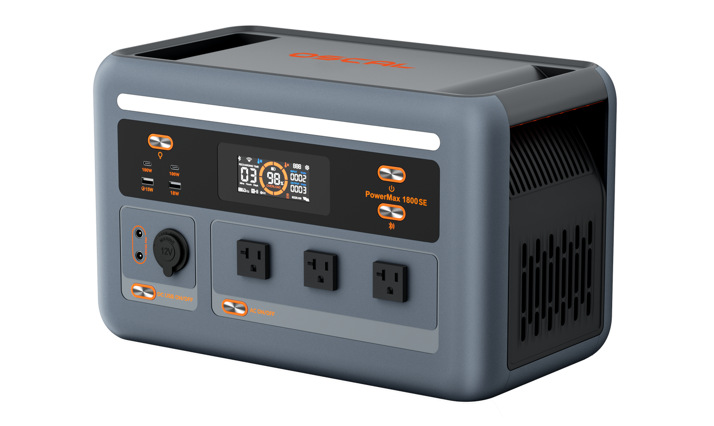 OSCAL PowerMax 1800 SE portable power station front-right view with U.S. outlets