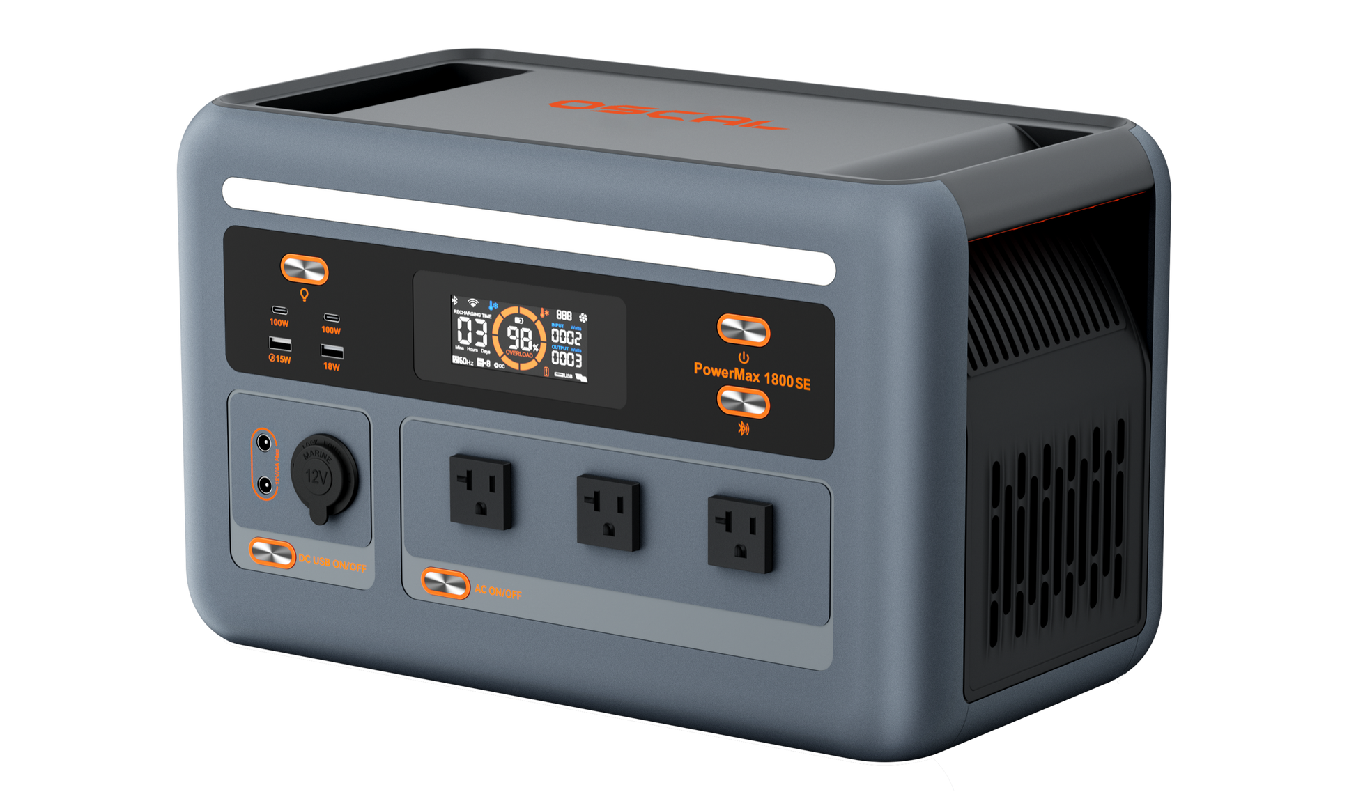 OSCAL PowerMax 1800 SE portable power station front-right view with U.S. outlets